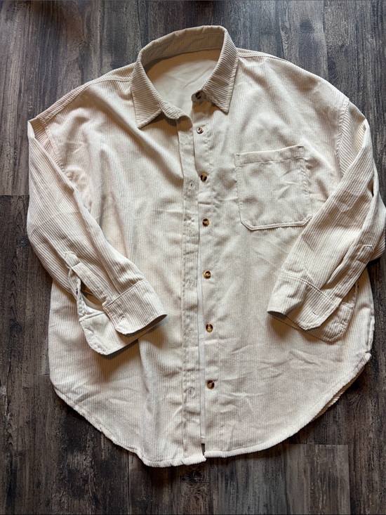 Tops - Women’s Cream Corduroy Button-Up Shirt - Casual Long Sleeve